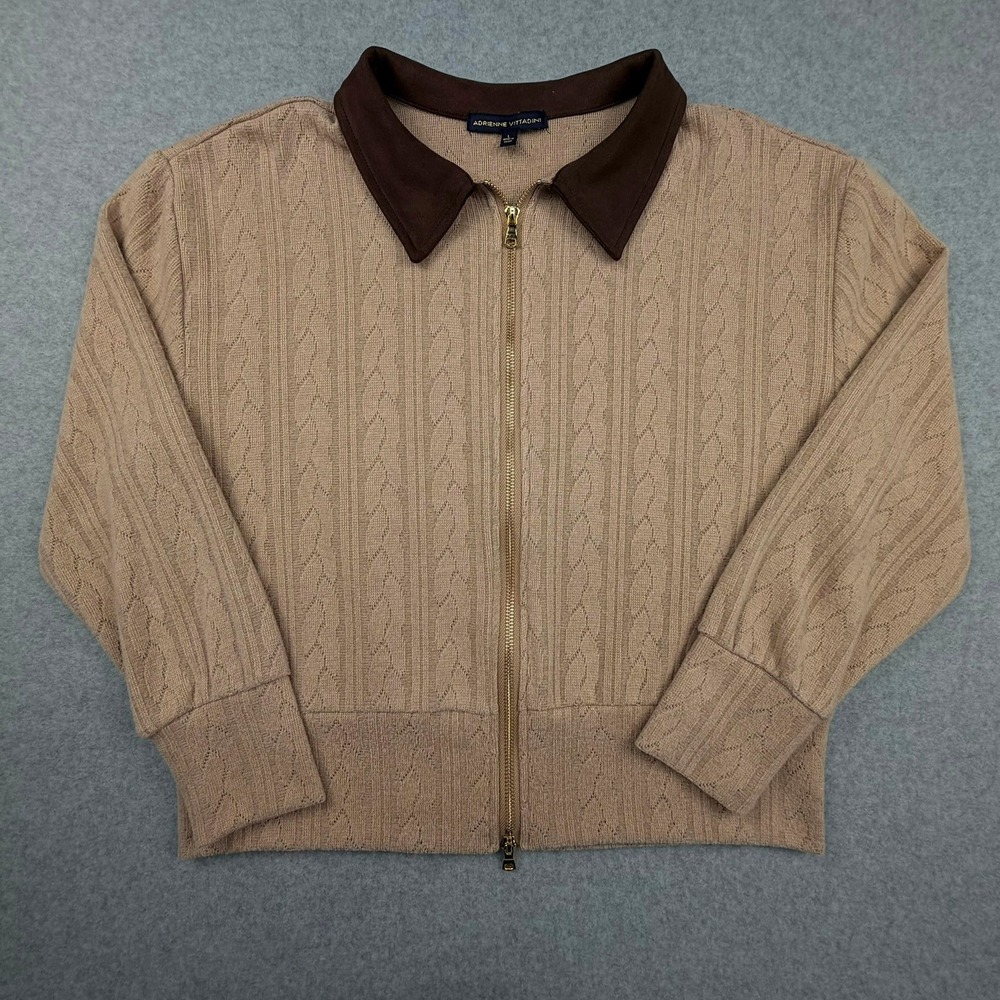 Adrienne Vittadini Womens Tan Cable Knit Zip Cardigan Sweater Brown Collar L